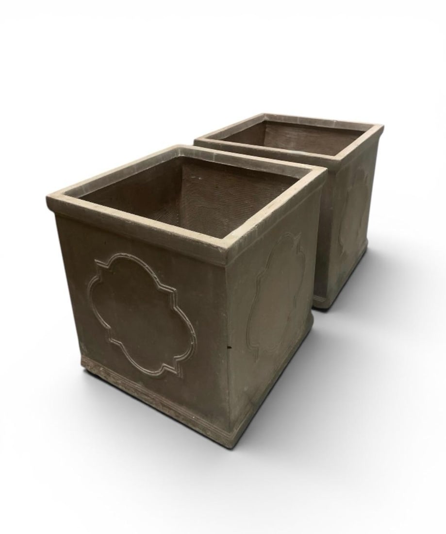 Pair of Vintage Neoclassical Style Faux-Stone Resin Square Planters - 2