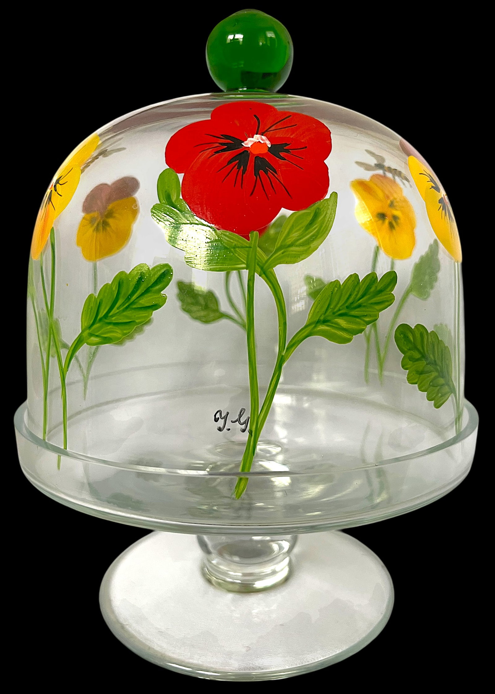 Signed and Hand-Painted Glass Cake or Dessert Stand With Cloche Lid Decorated With Flowers and Bees - 2