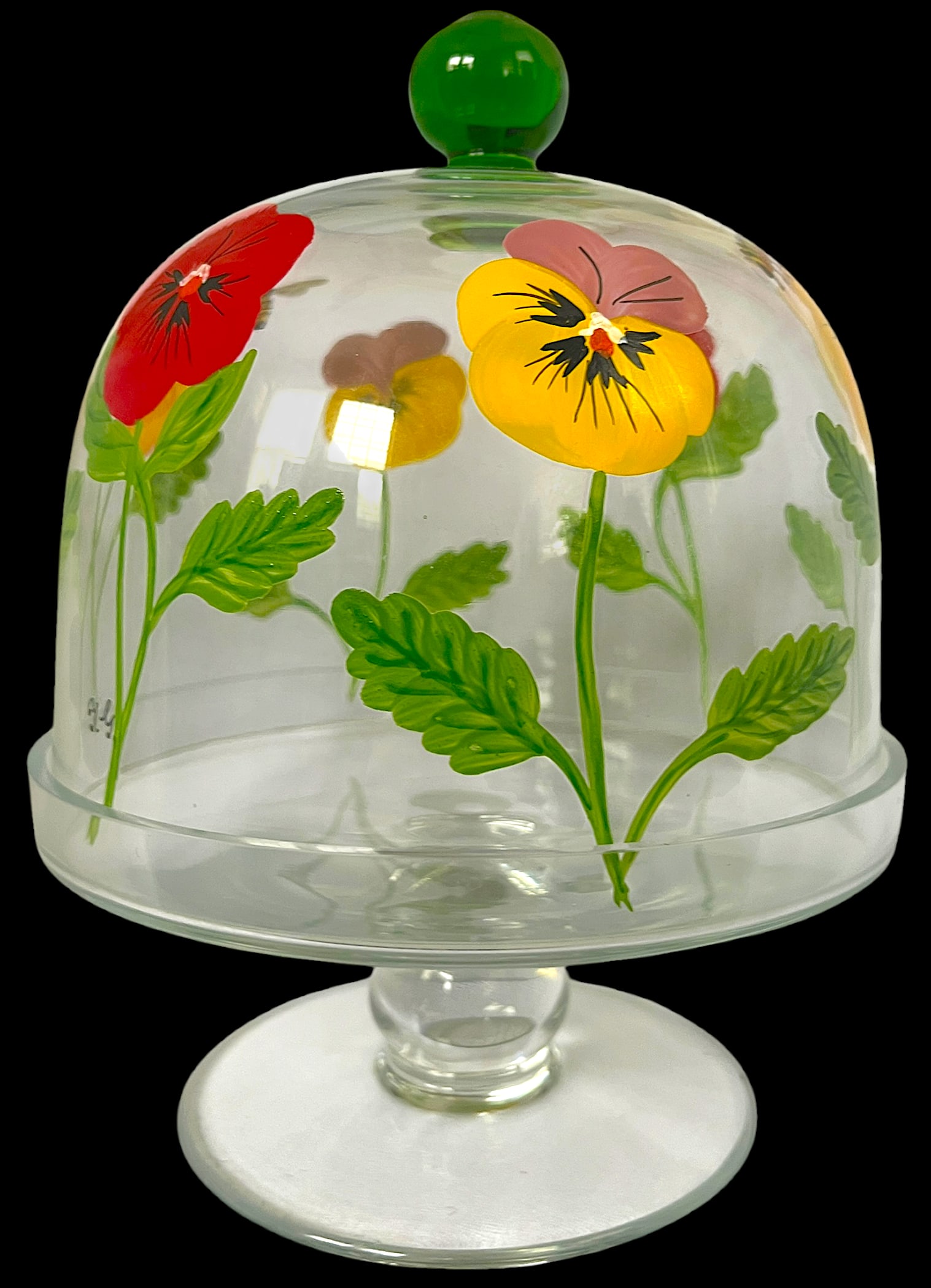 Signed and Hand-Painted Glass Cake or Dessert Stand With Cloche Lid Decorated With Flowers and Bees - 3