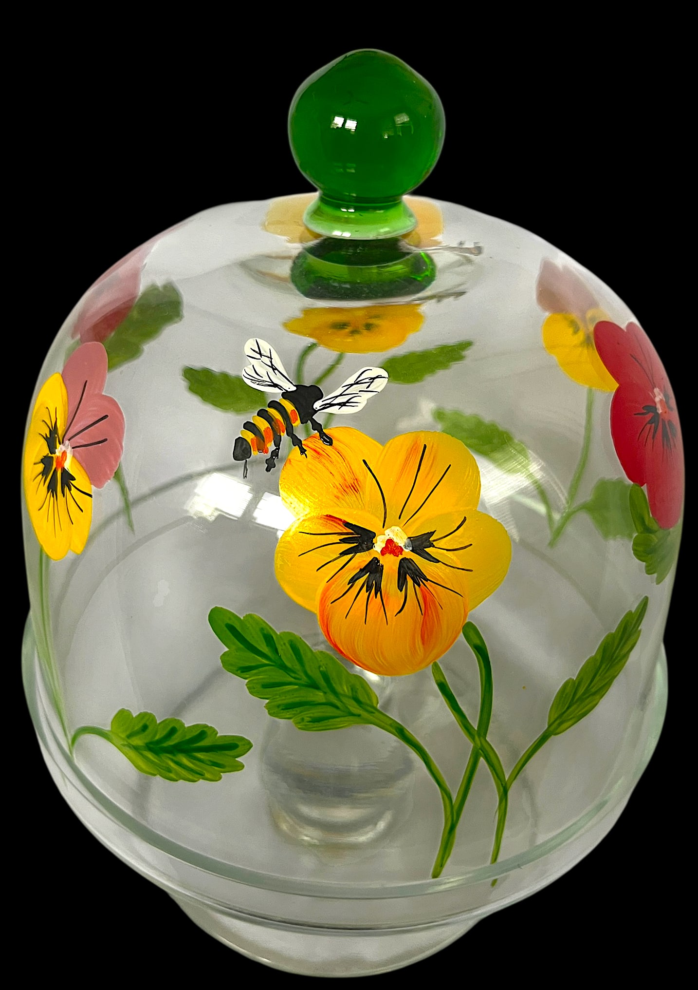 Signed and Hand-Painted Glass Cake or Dessert Stand With Cloche Lid Decorated With Flowers and Bees - 4