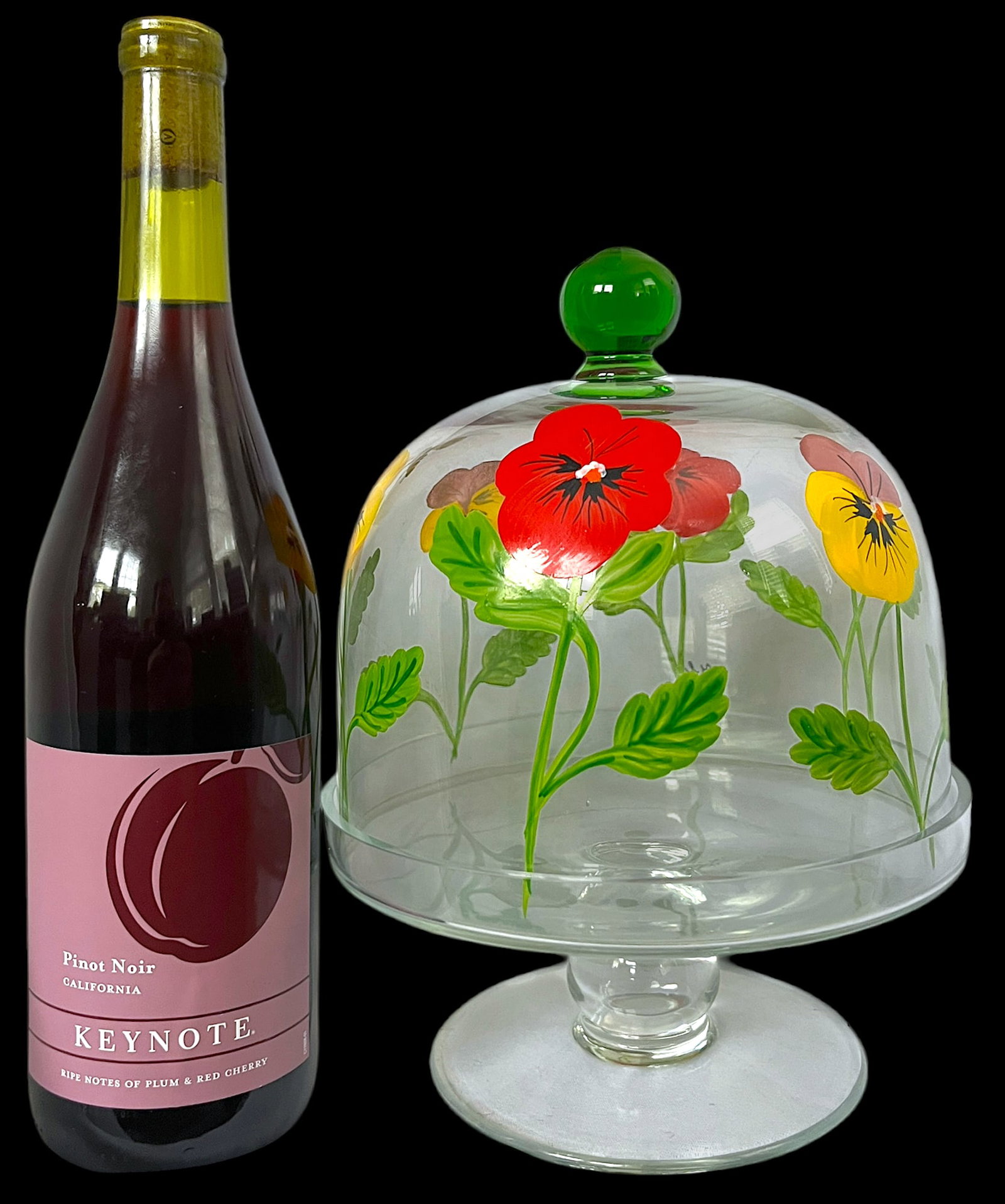 Signed and Hand-Painted Glass Cake or Dessert Stand With Cloche Lid Decorated With Flowers and Bees - 5