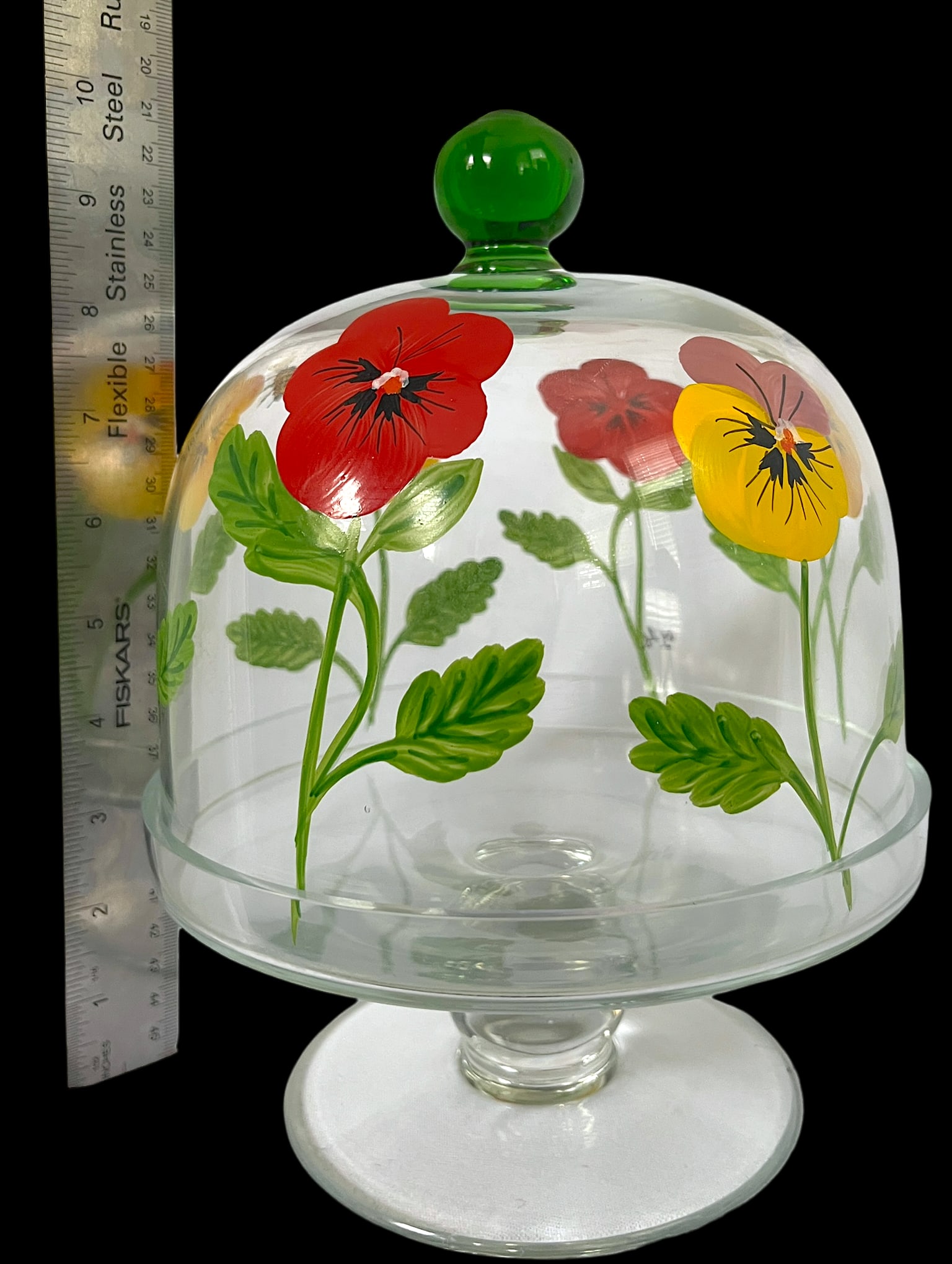 Signed and Hand-Painted Glass Cake or Dessert Stand With Cloche Lid Decorated With Flowers and Bees - 7