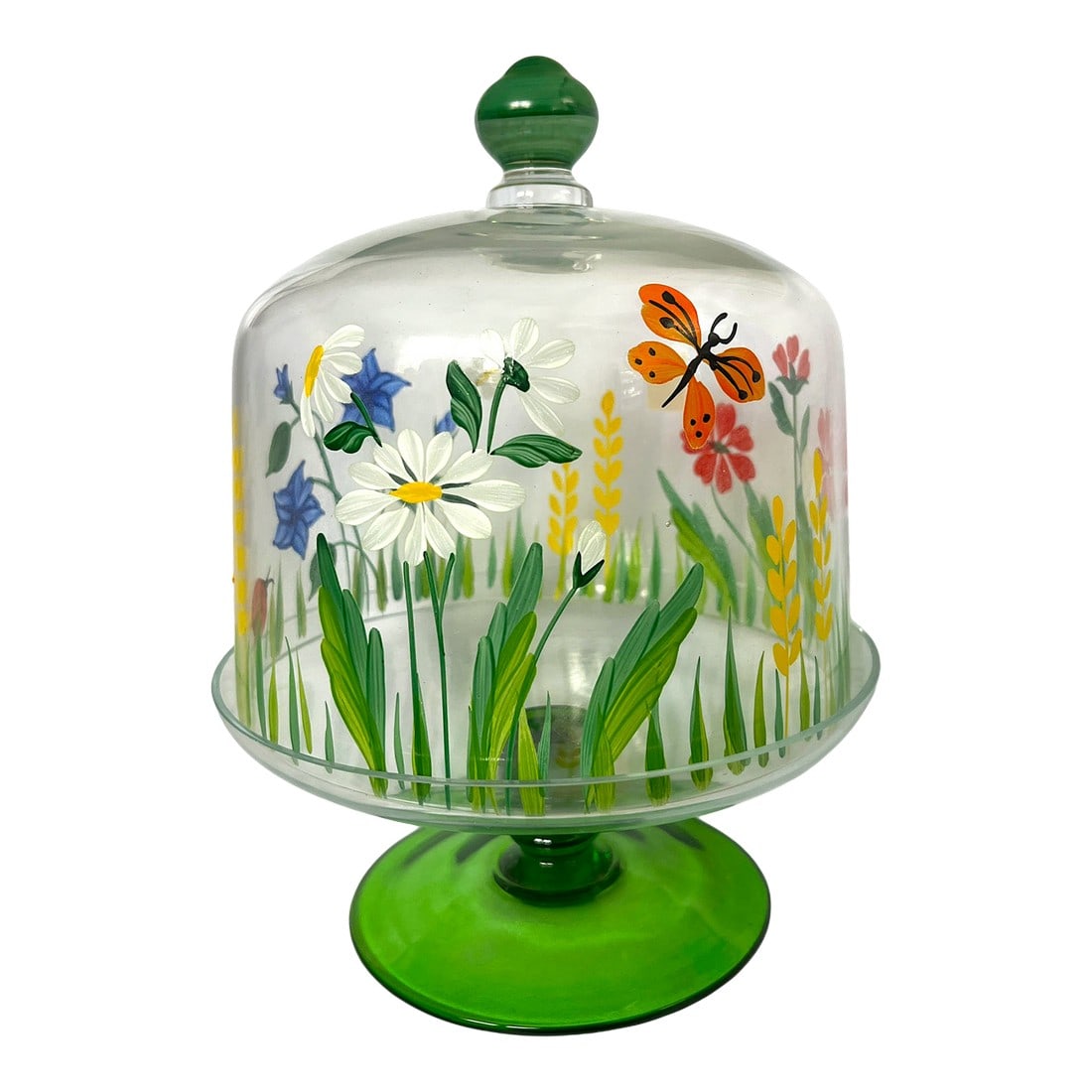 Royal Danube Crystal Glass Cake or Dessert Stand With Cloche Lid Decorated With Flowers and Butterfl: A charming and whimsical hand-painted crystal cloche by Royal Danube, Romania, featuring a vibrant meadow scene with wildflowers, grasses, butterflies, and a delightful ladybug detail. This