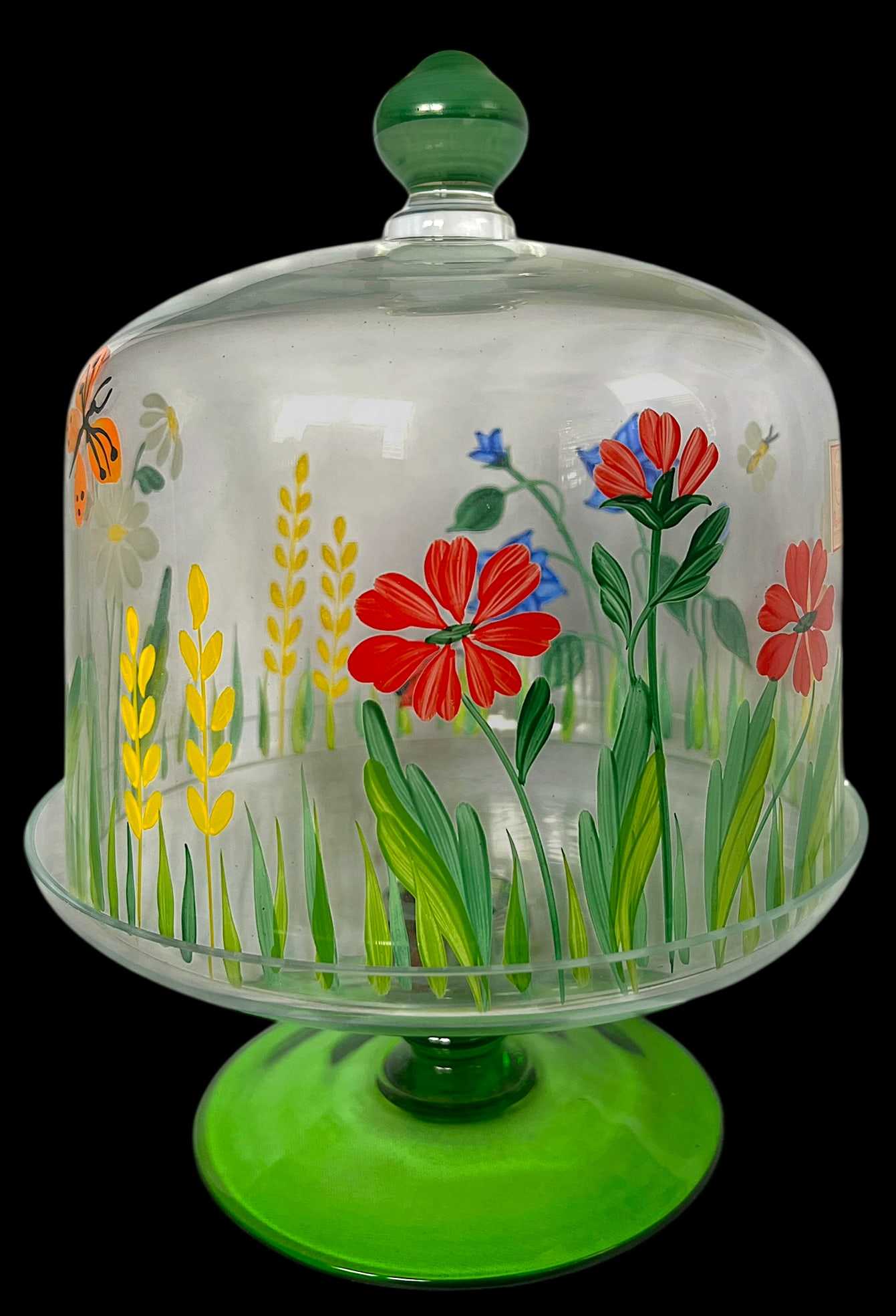 Royal Danube Crystal Glass Cake or Dessert Stand With Cloche Lid Decorated With Flowers and Butterfl - 3