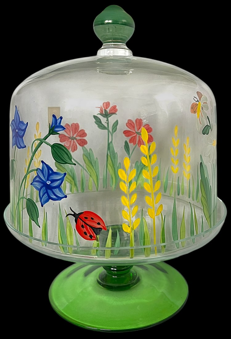 Royal Danube Crystal Glass Cake or Dessert Stand With Cloche Lid Decorated With Flowers and Butterfl - 4