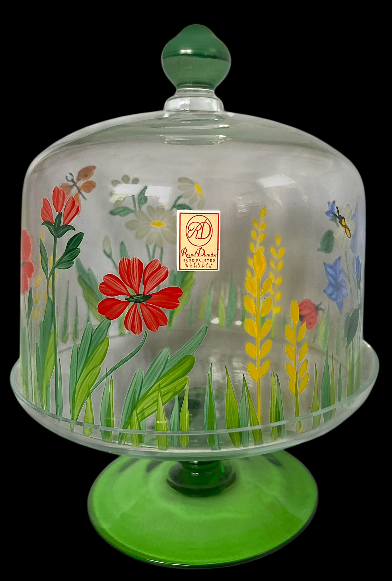 Royal Danube Crystal Glass Cake or Dessert Stand With Cloche Lid Decorated With Flowers and Butterfl - 5