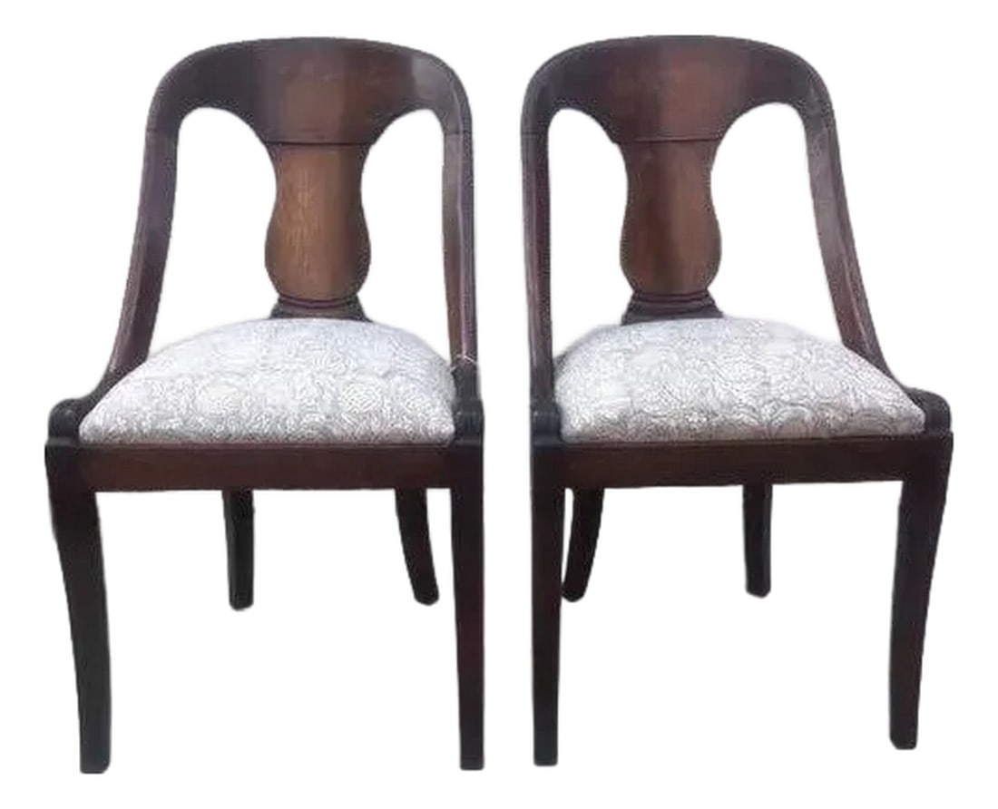 Late 19th Century French Empire Style Chairs With Gray and YellowFloral Block Print Linen Upholstere: Extraordinary pair of French Empire style mahogany chairs featuring a tub or gondola form frame. Minimally decorated having a curved back, vasiform back splat surmounted by a curved crest rail.