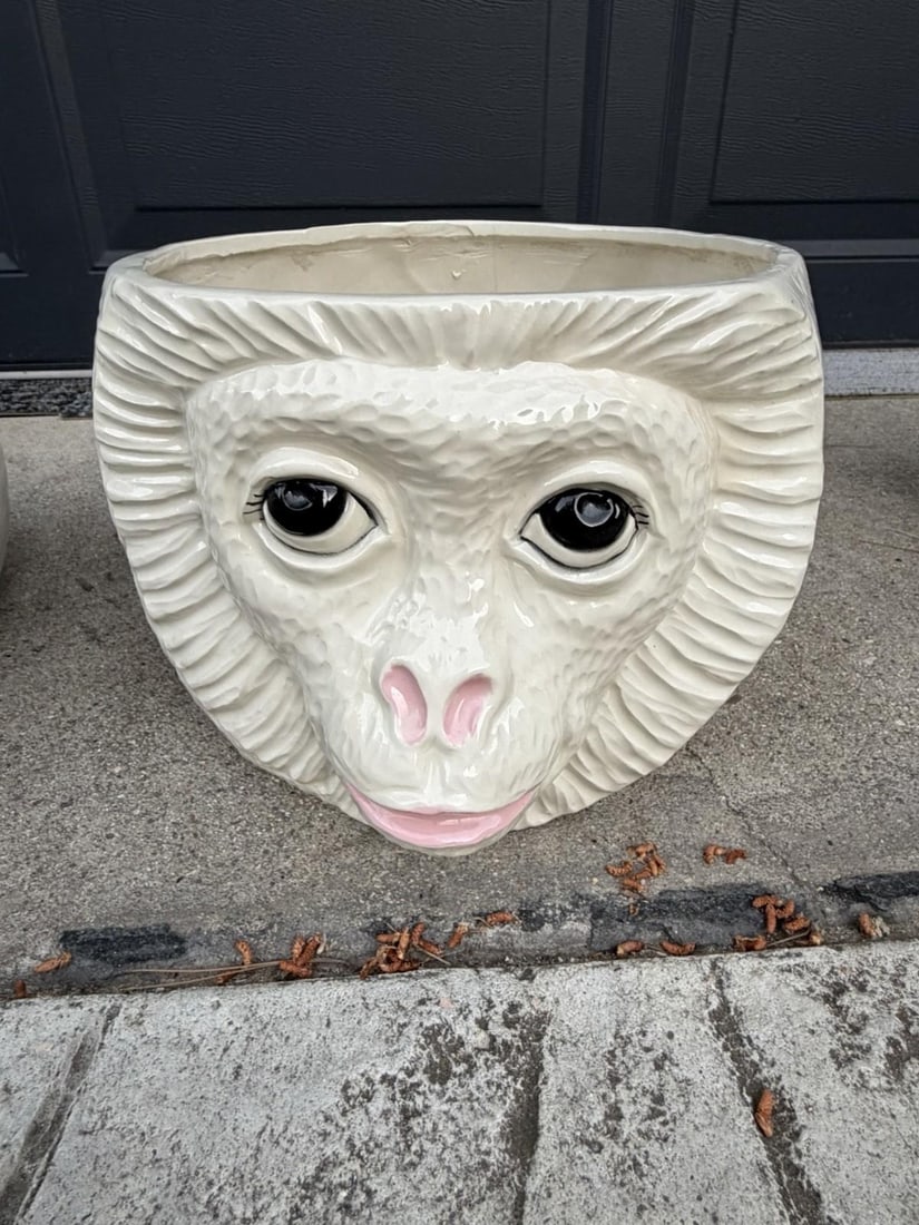 Pair Vintage Ceramic Monkey Head Planters Signed Biblicoff MCM Hollywood Regency - 2