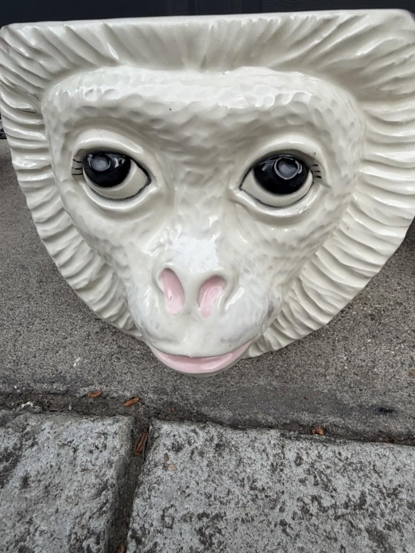 Pair Vintage Ceramic Monkey Head Planters Signed Biblicoff MCM Hollywood Regency - 5