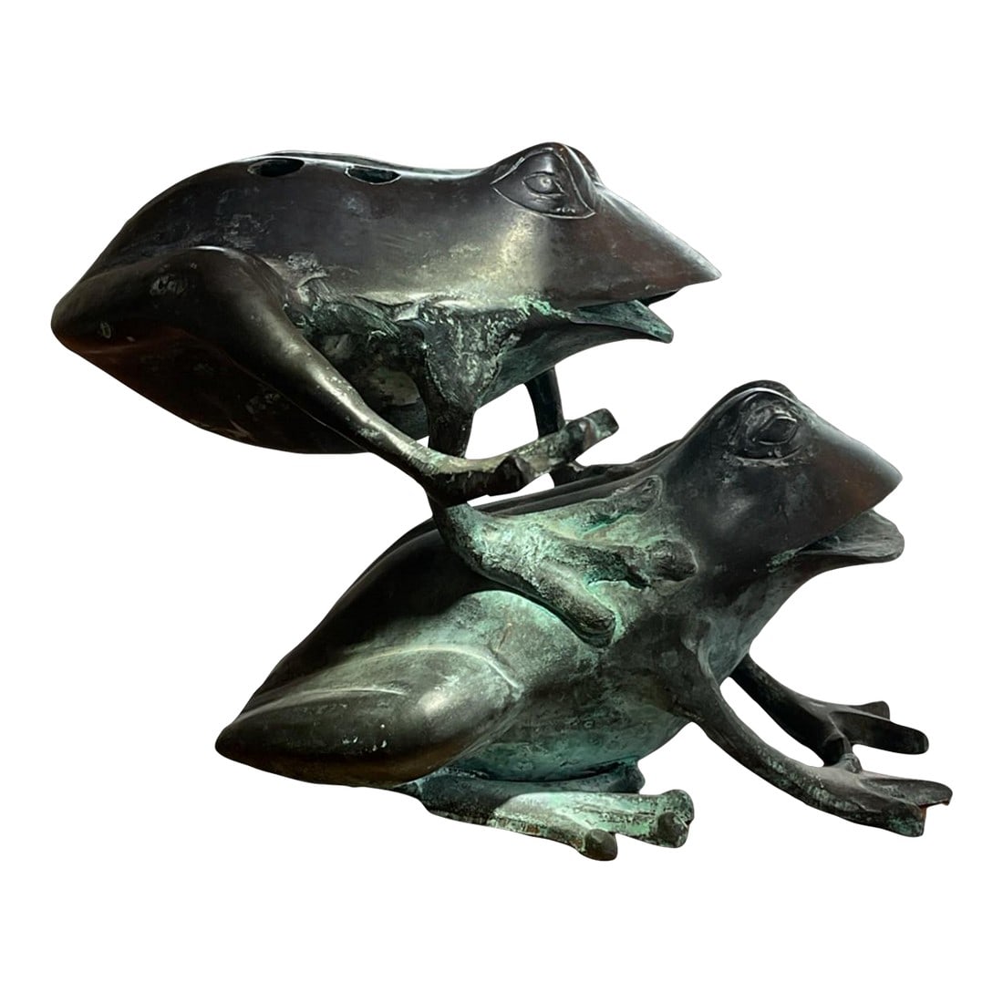 Vintage Solid Brass Frog Flower Frog Sculpture Verdigris Heavy 2lb 5" Tall: Whimsical vintage solid cast brass frog sculpture designed as a functional flower frog. The top features multiple stem openings for arranging small flowers, making it both decorative and practical. Su