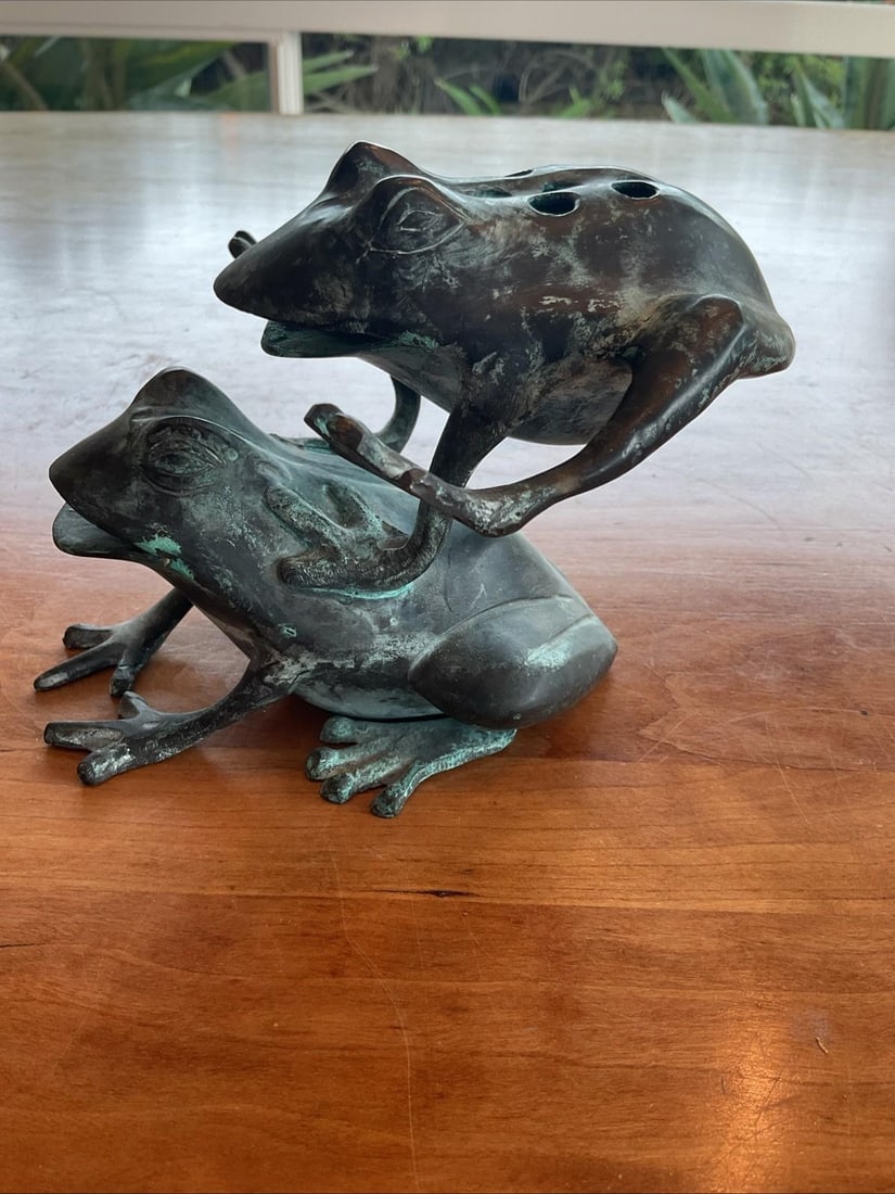 Vintage Solid Brass Frog Flower Frog Sculpture Verdigris Heavy 2lb 5" Tall - 2