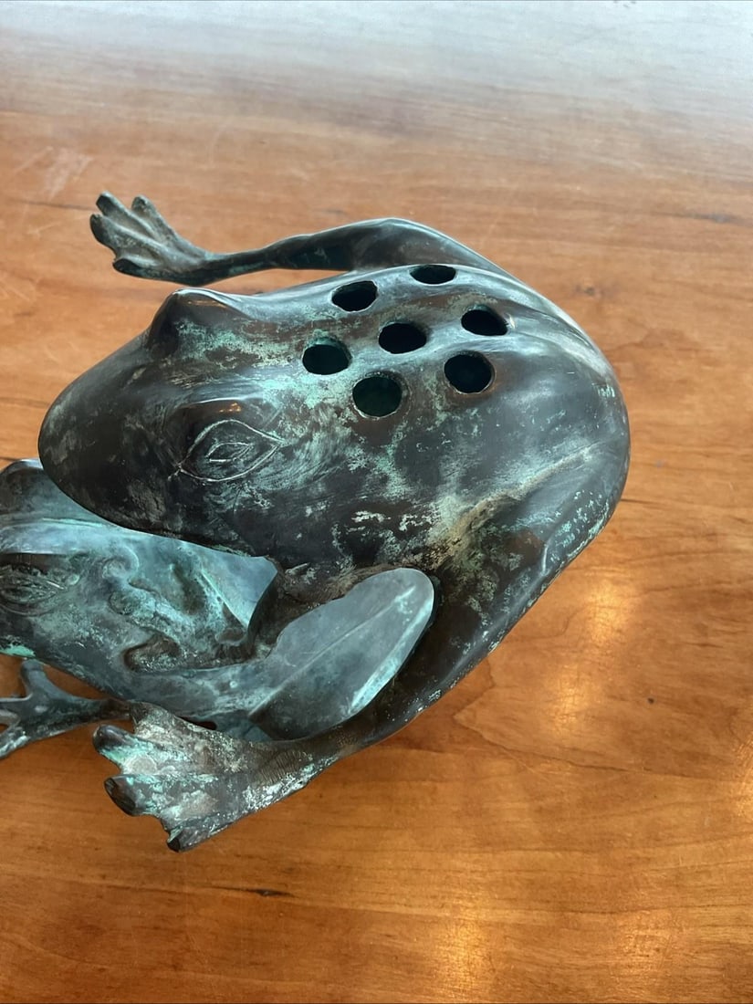 Vintage Solid Brass Frog Flower Frog Sculpture Verdigris Heavy 2lb 5" Tall - 3