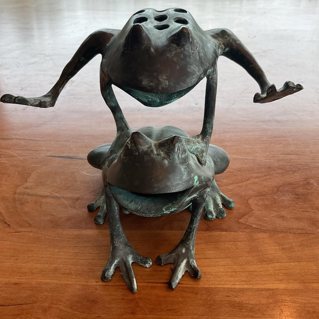 Vintage Solid Brass Frog Flower Frog Sculpture Verdigris Heavy 2lb 5" Tall - 4