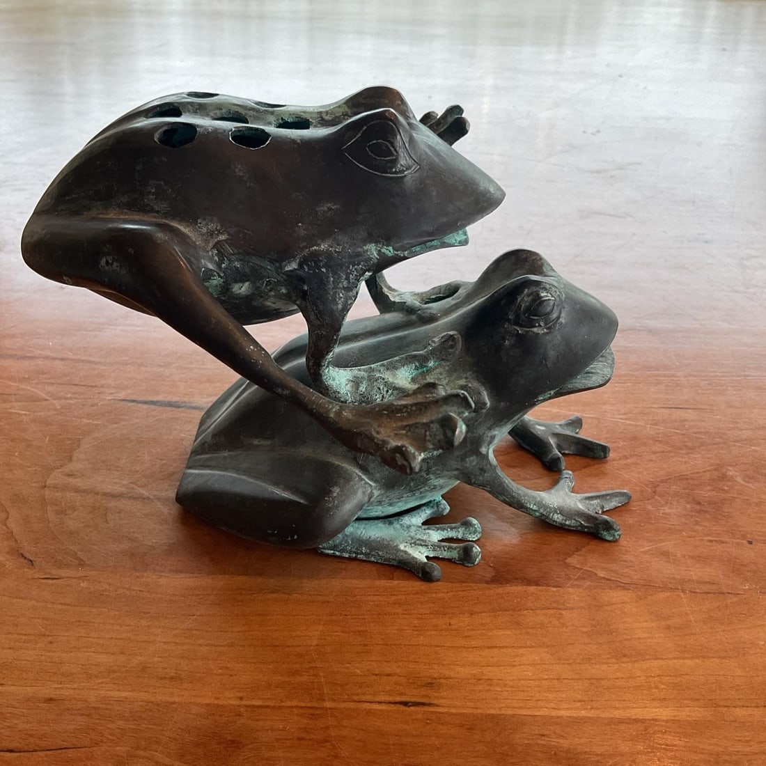 Vintage Solid Brass Frog Flower Frog Sculpture Verdigris Heavy 2lb 5" Tall - 5