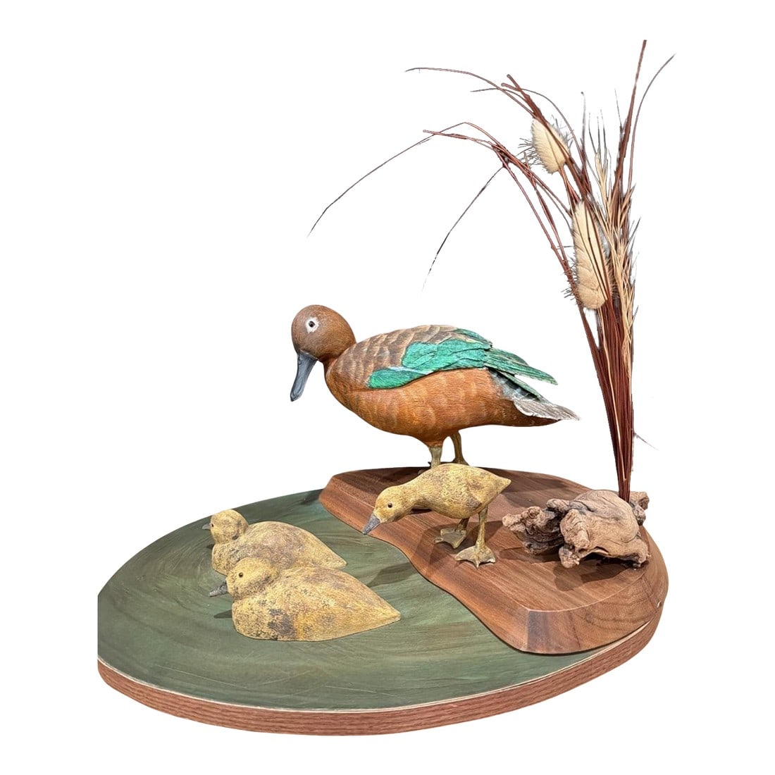 Vintage Hand-Carved Wood Duck Family Sculpture Folk Art – Handcrafted: Vintage American folk art sculpture featuring a hand-carved and painted wooden duck family, mounted on a shared wooden base. The underside of the base is clearly stamped "Handcrafted by John Moland",