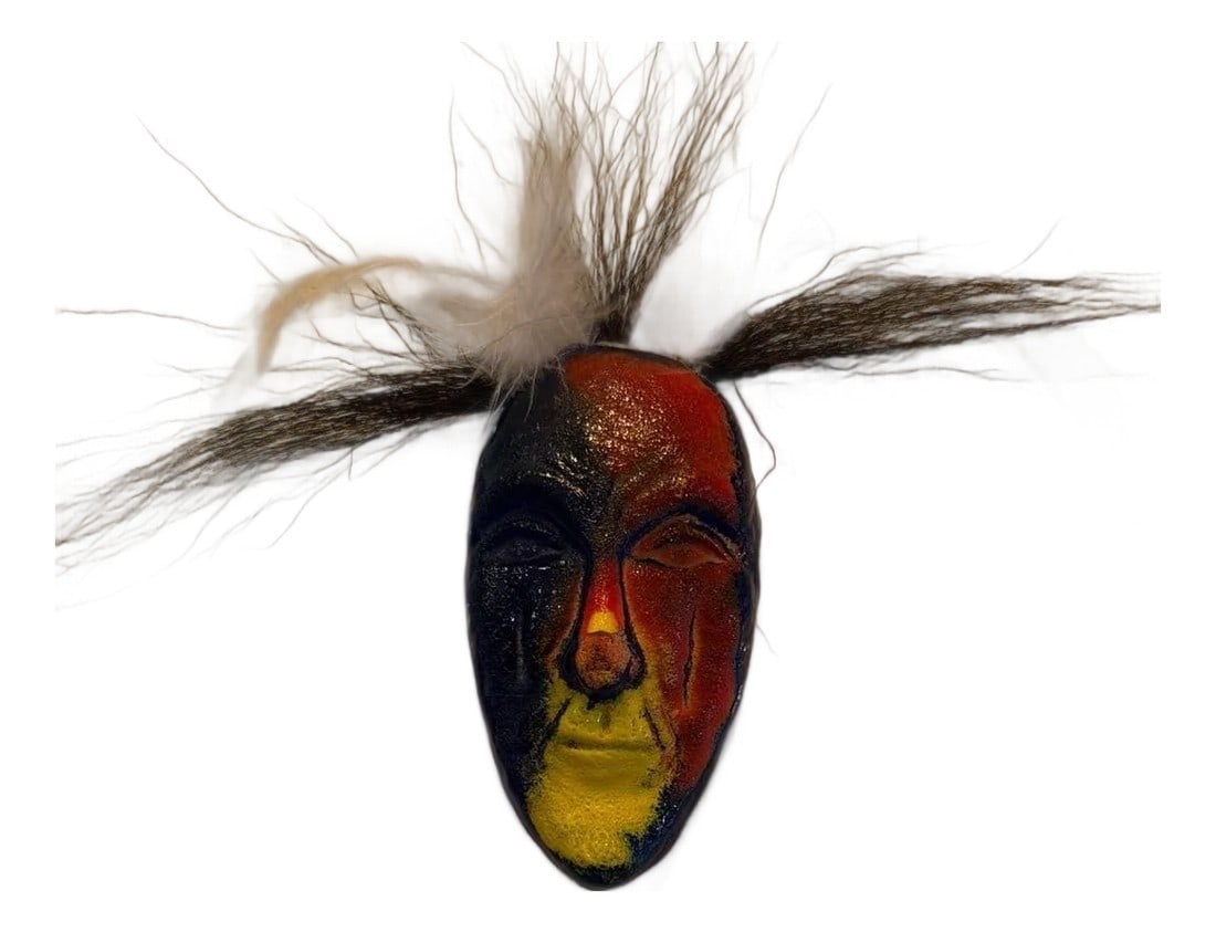 Vintage Kosta Boda Glass Wall Mask by Kjell Engman 1980s: Vintage Kosta Boda Glass Wall Mask by Kjell Engman, 1980s. This rare Swedish art glass piece features a striking hand-painted face with feathered and hair-like accents, characteristic of Engman's