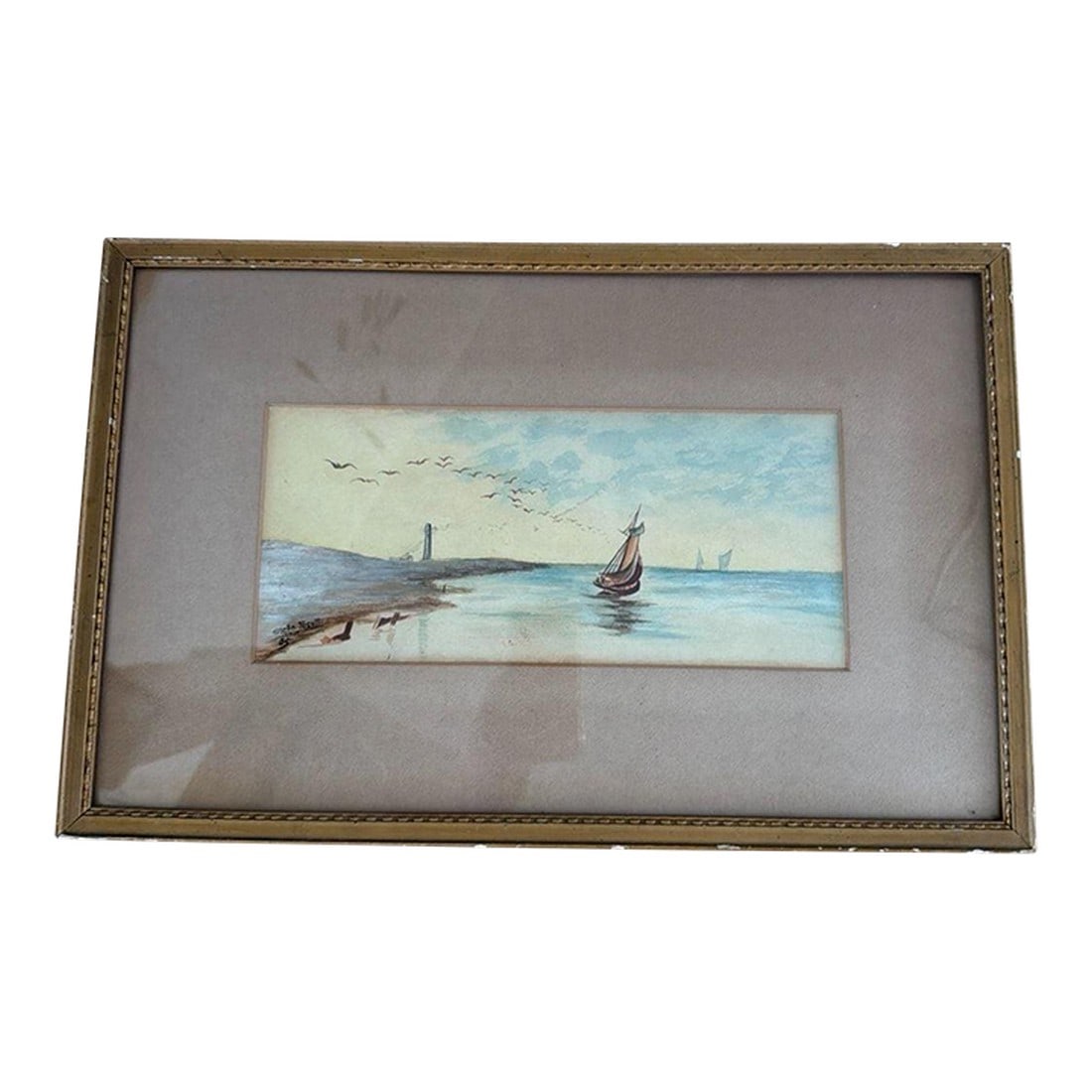 Vintage Original Stella Scott 1905 Seascape Watercolor: Original Stella Scott '05 Signed Nautical Seascape Watercolor Painting. This vintage piece features a serene coastal scene with a sailing boat, lighthouse, and seagulls in flight. Hand-signed and
