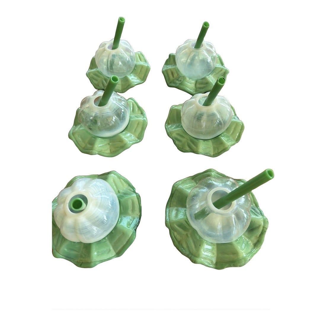 Vintage Mid-Century Modern Smoking Cocktail Glasses w/ Glass Straws Jade Ashtray Base - Set of 6: These unique novelty bar glasses date to the late 1940s–1950s and were designed for the classic cocktail-and-cigarette era. Each ribbed glass vessel sits securely in a jade-green opaline ashtray