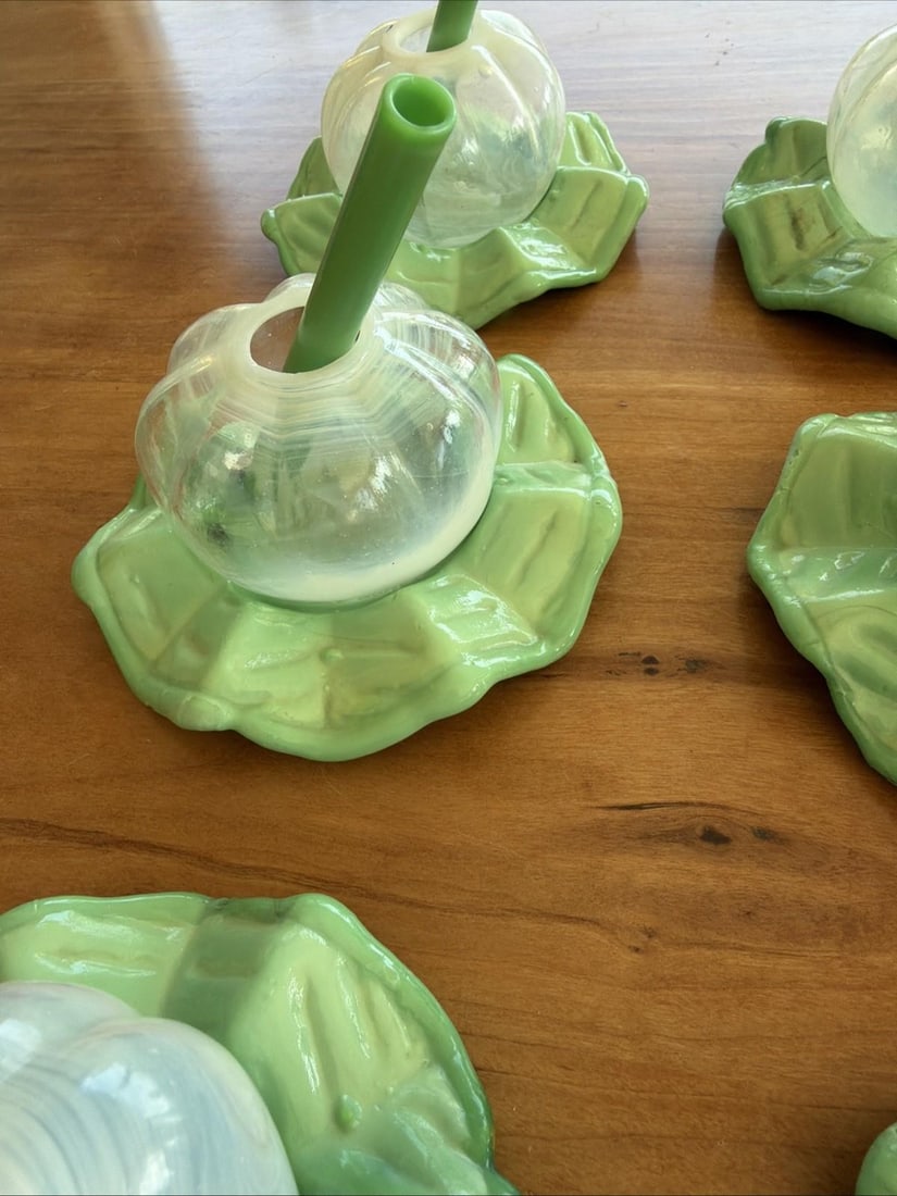 Vintage Mid-Century Modern Smoking Cocktail Glasses w/ Glass Straws Jade Ashtray Base - Set of 6 - 3