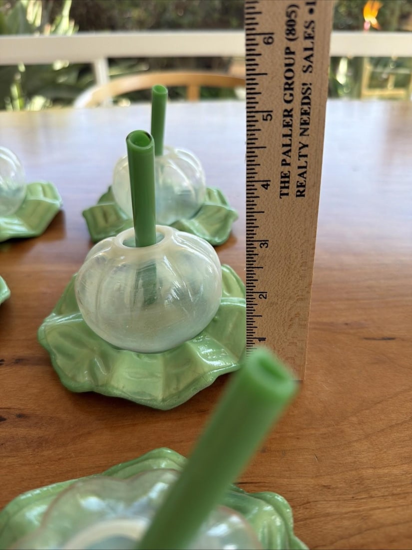Vintage Mid-Century Modern Smoking Cocktail Glasses w/ Glass Straws Jade Ashtray Base - Set of 6 - 6