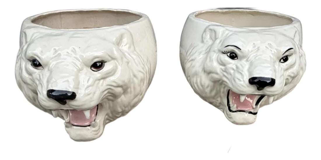 Pair Vintage Ceramic Roaring Tiger Bear Head Planters MCM Hollywood Regency: A dramatic and eye-catching matched pair of vintage ceramic roaring big cat or bear head planters "” the ultimate statement piece for lovers of Mid-Century Modern, Hollywood Regency, or