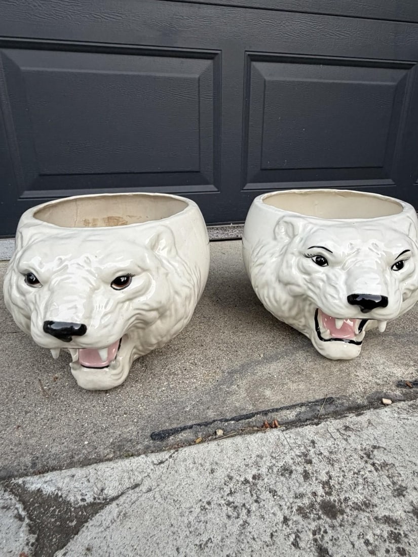 Pair Vintage Ceramic Roaring Tiger Bear Head Planters MCM Hollywood Regency - 2