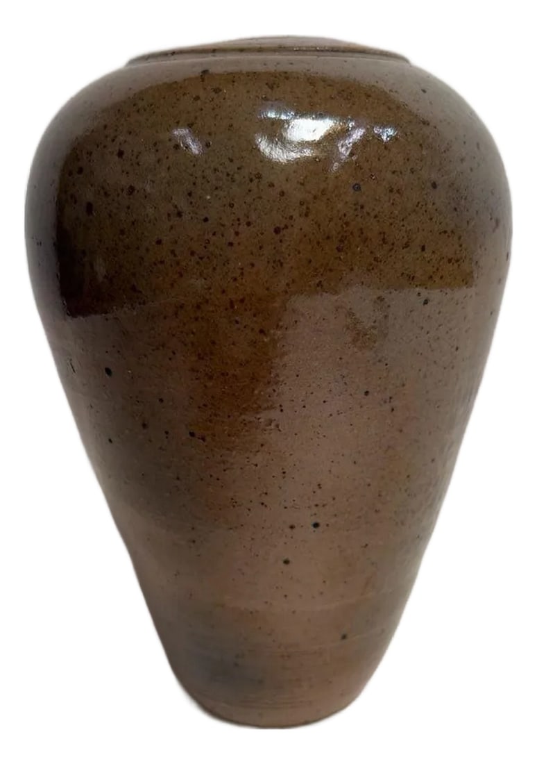 1970s Handmade Wood Fired Stoneware Vase with Ash Glazed Speckled Finish: Handmade Wood Fired Stoneware Vase, Ash Glazed Speckled Finish "” Artist Signed. This unique studio pottery piece features a beautiful earth-toned ash glaze with natural speckled variations and