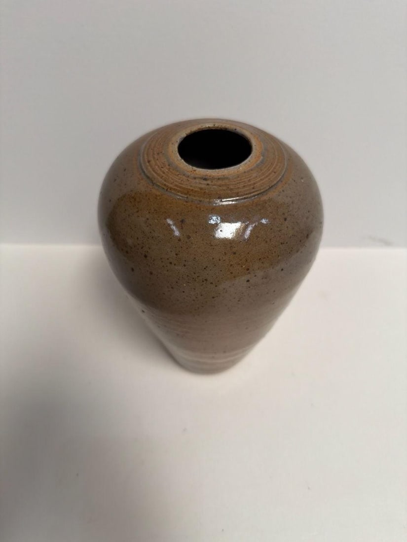 1970s Handmade Wood Fired Stoneware Vase with Ash Glazed Speckled Finish - 2