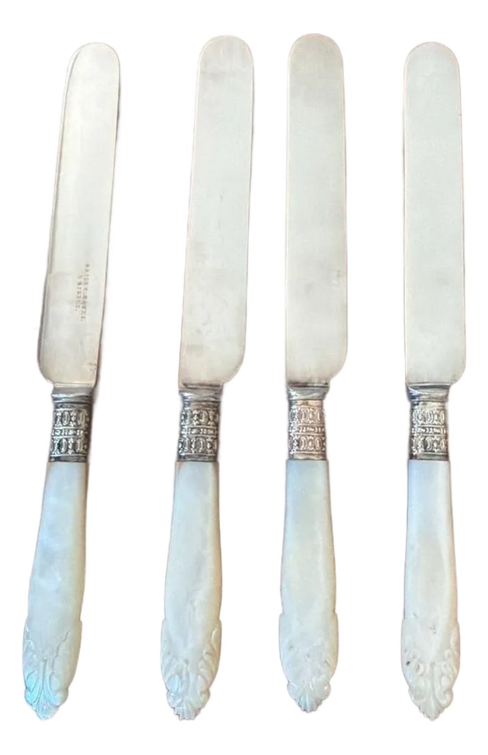 Antique Bailey Banks & Biddle Mother of Pearl and Sterling Silver Desse - Set of 4: Set of 4 Antique Bailey Banks & Biddle Dessert Knives, Mother of Pearl Handles, Sterling Silver Ferrules "” Pre-owned Luxury Flatware. These exquisite antique dessert knives feature hand-carved