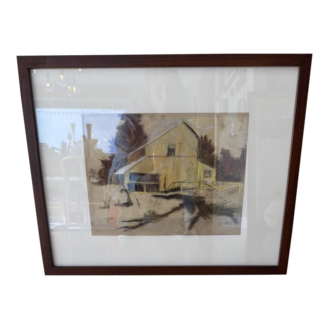 Original Mid Century Pastel Sketch Architectural Study Barn Framed 9x12: Original mid-century pastel architectural study, likely created as part of an artist's sketchbook or working series. This expressive pastel depicts an abstracted house or building rendered in muted