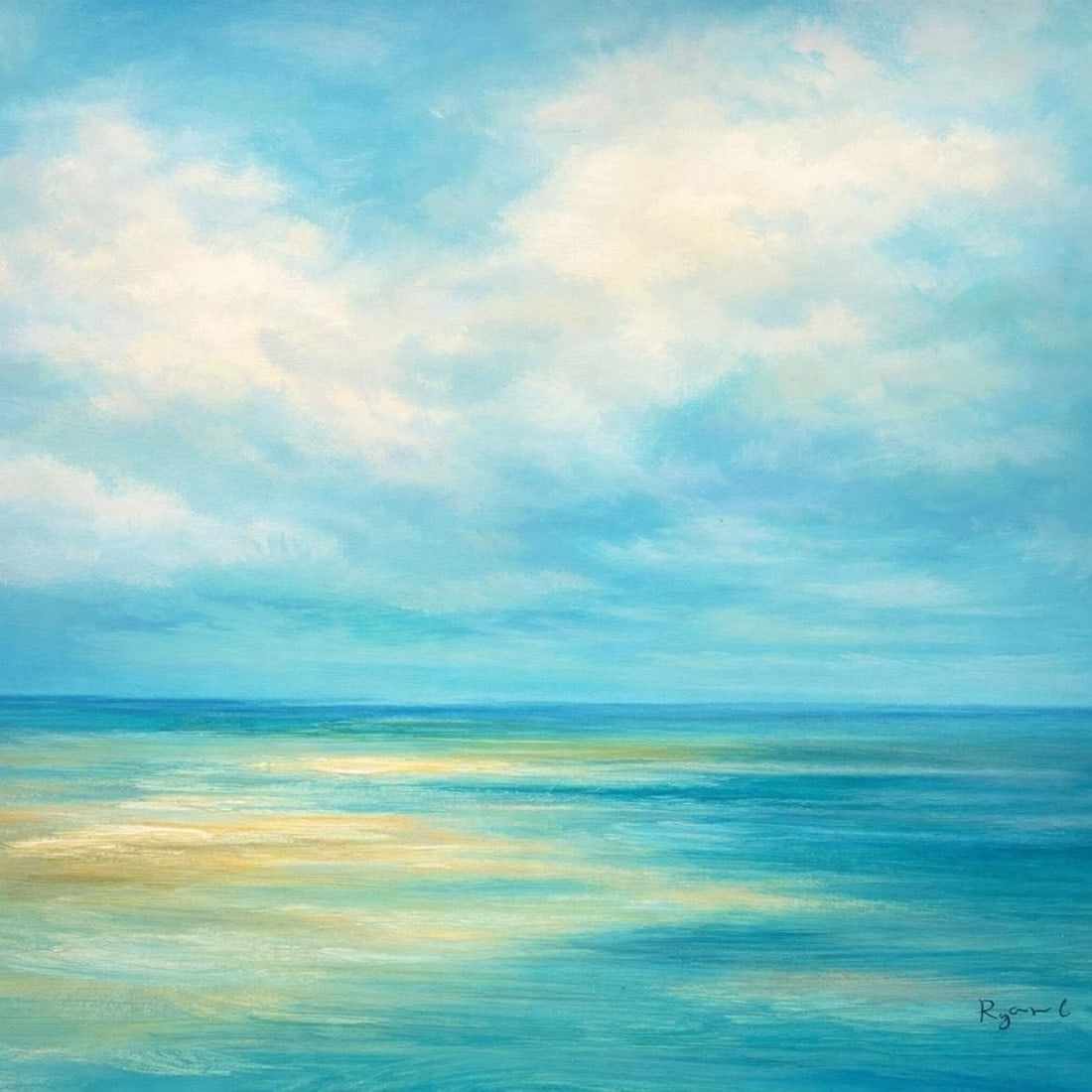 Abstract Shoreline Horizon Coastal Seascape – Original Painting by Ryan C., Unstretched: Original oil on canvas by Ryan C. captures the quiet stillness of the shoreline under a soft atmospheric sky. Painted in layered washes of turquoise, seafoam, and pale sand tones, the composition