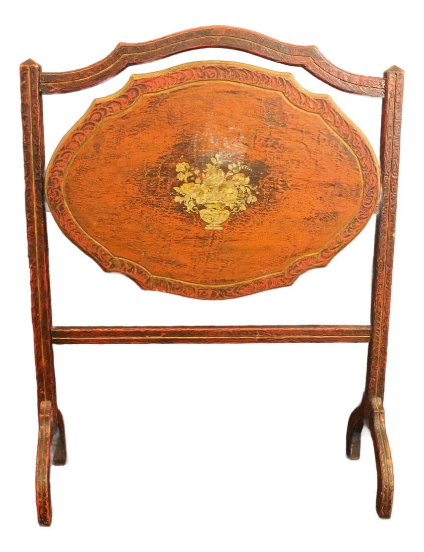 Circa 1920s Anglo-American Tilt-Top Side Table: Circa 1920s tilt-top side table, Anglo-American. Burnt Chinese red ground; handpainted urn of flowers; impressed decorations; Arts & Crafts influence. Shaped oval tray with conforming carrying
