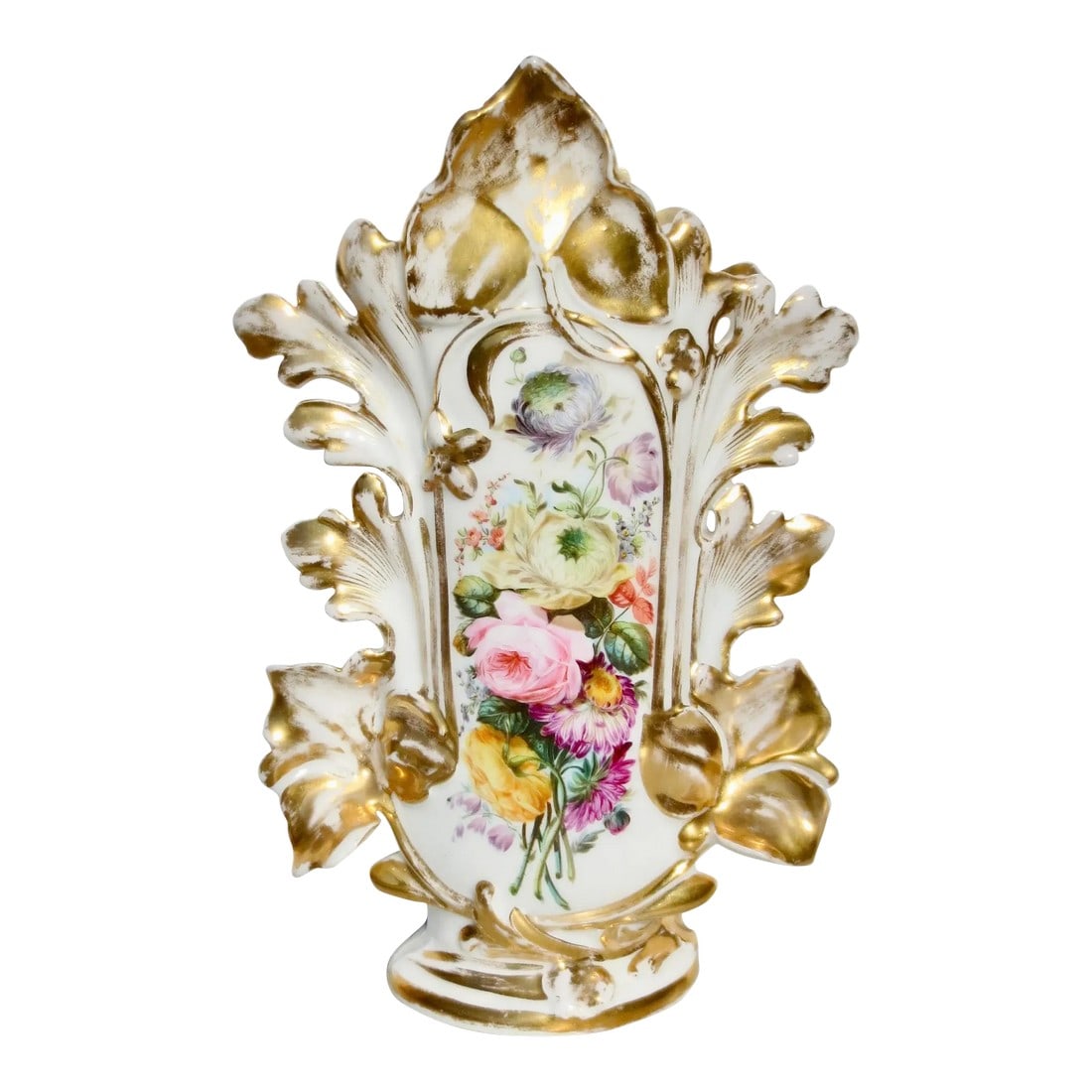 Old Paris (Vieux Paris) Rococo Porcelain Vase: Rococo Revival featuring ornate foliate (leaf-like) forms and gilded highlights. Hand-painted floral motifs on a white porcelain body. A "spill vase," historically used on mantelpieces to hold spills
