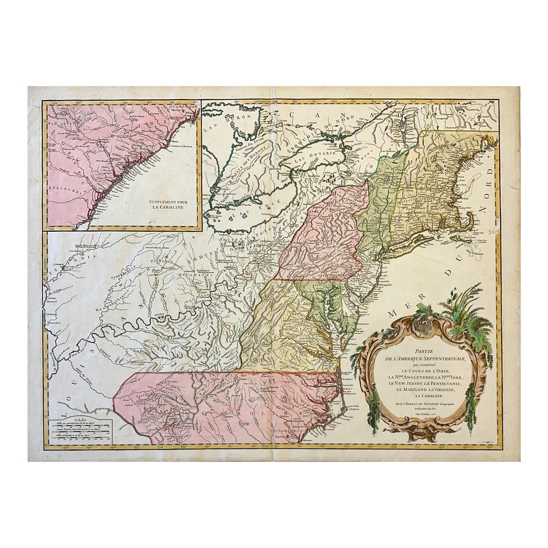 Antique Map of the Eastern United States and Ohio River Valley by Vaugondy, 1755: Original copper engraving by Robert de Vaugondy, Paris, 1755. Finely engraved and beautifully hand-colored mid-18th-century French map depicting the eastern portion of North America at the dawn of