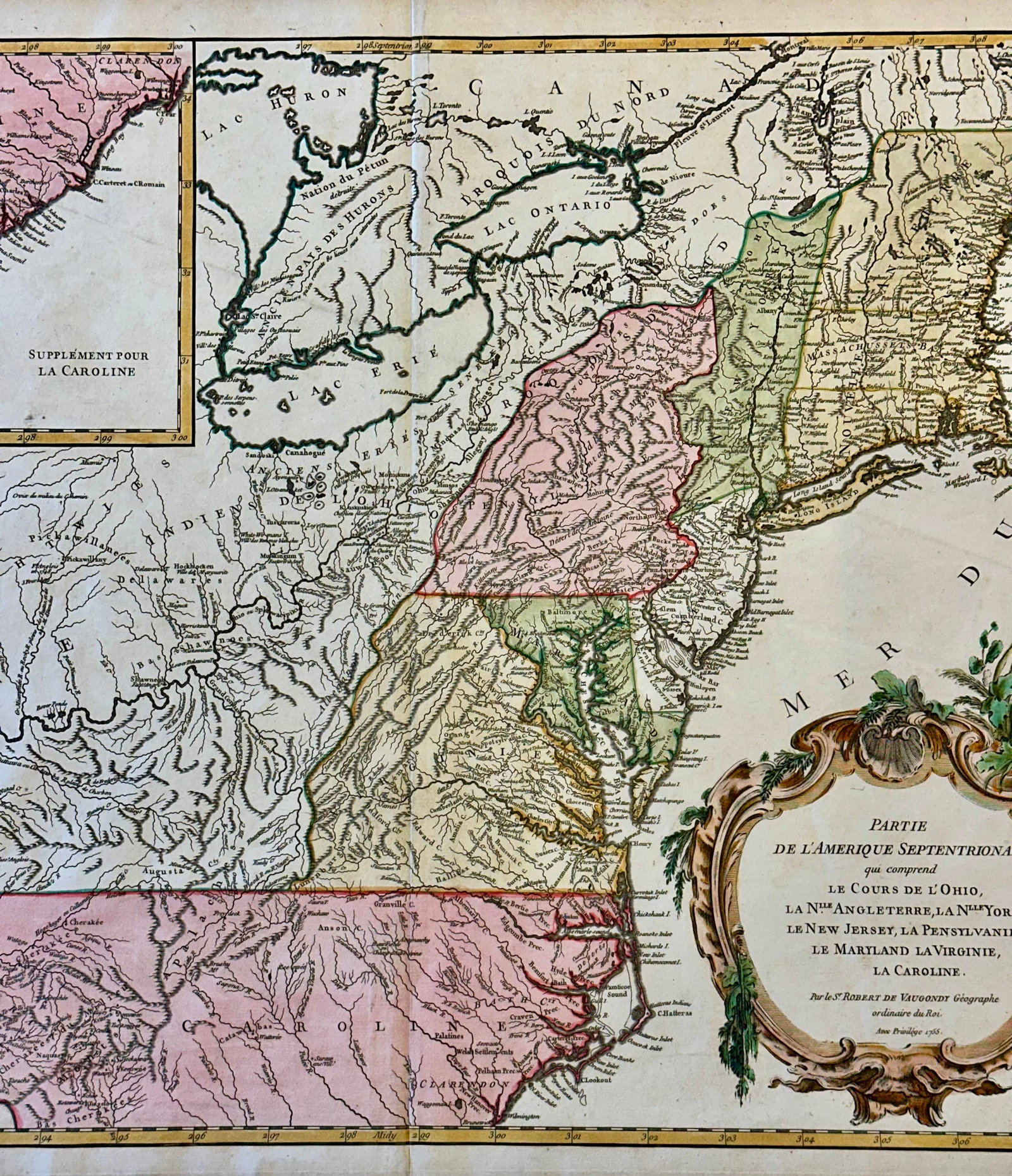 Antique Map of the Eastern United States and Ohio River Valley by Vaugondy, 1755 - 2