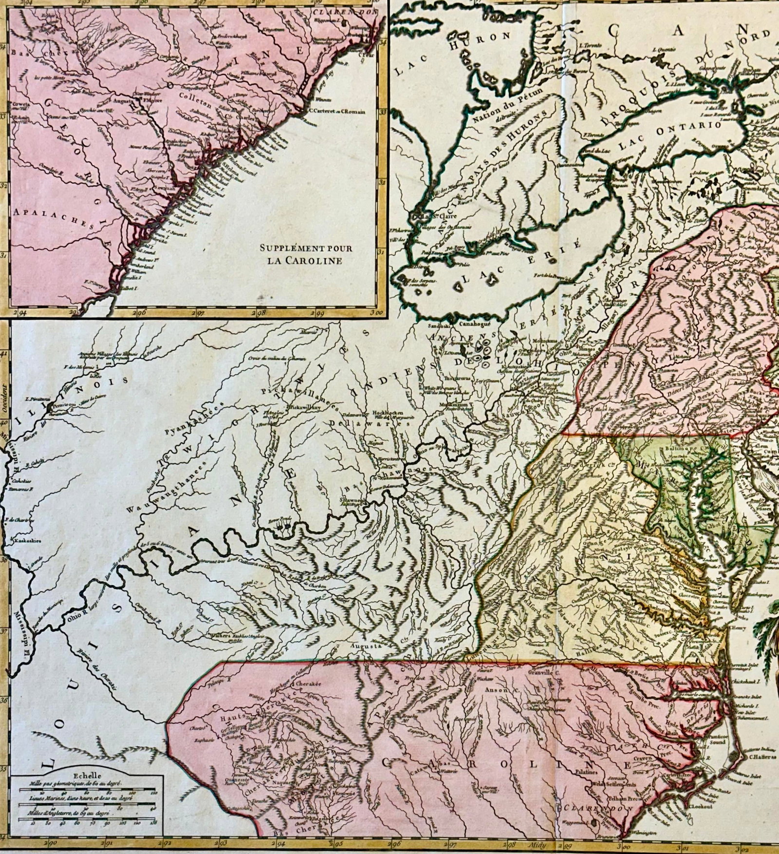 Antique Map of the Eastern United States and Ohio River Valley by Vaugondy, 1755 - 3