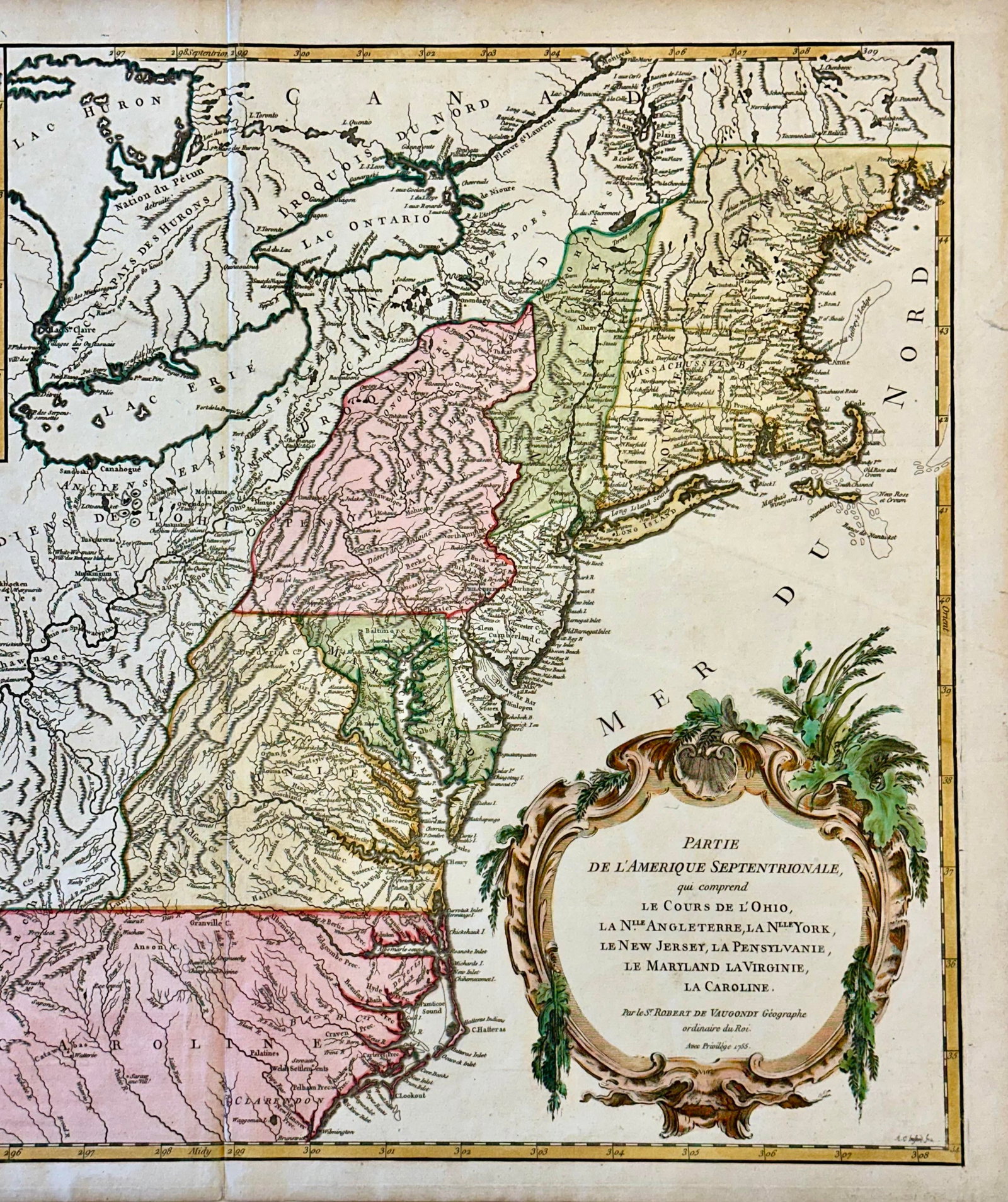 Antique Map of the Eastern United States and Ohio River Valley by Vaugondy, 1755 - 4