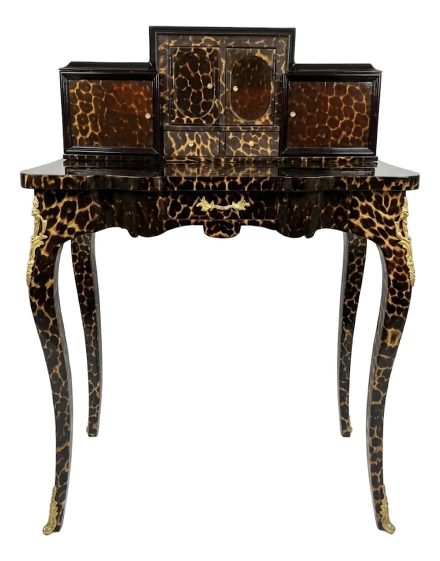 1960s Leopard Print Animal Print French Style Louis XV Style Secretary Desk: Rococo style French Louis XV style secretary desk, specifically a Bonheur du Jour (a lady's writing desk) in leopard print. width 30" 1/2, depth 16", height to the desk 30" 1/2. Free Shipping