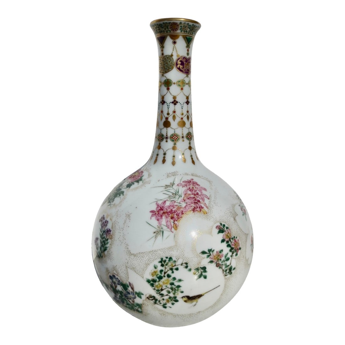 Japanese Meiji Studio Porcelain Bottle Shaped Vase 19th Century: Japanese studio porcelain vase from the Meiji period. Beautiful painted details of tiny floral designs over the entire body. It features delicate floral paintings within gilded, clouds of speckled "wi
