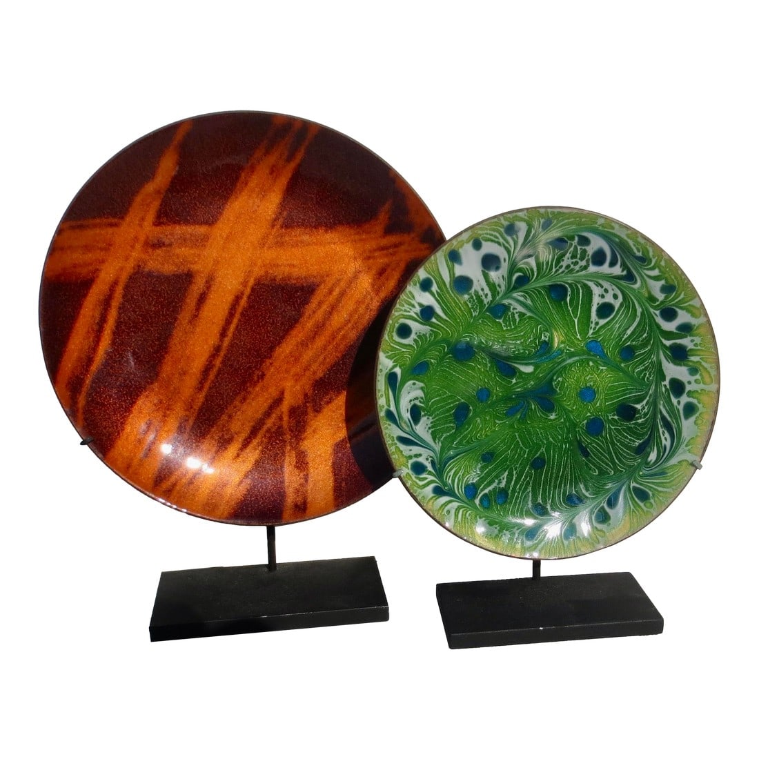 MCM Enamel Trays on Steel Display Mounts- A Pair of 2: A fine pair of enamel trays in abstract design and delicate feather swirls. A mid-century art that produced many wonderful enamel patterns on furniture and jewelry, the stands are 6" and 7.25" tall.