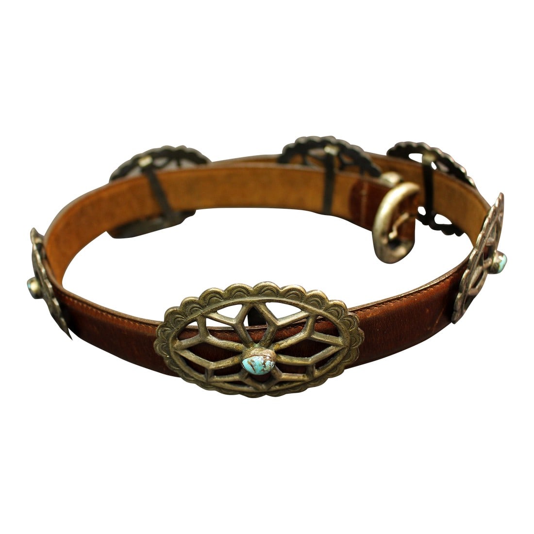Mid-20th Century Navajo Sterling Silver, Turquoise, and Leather Concho Belt: Mid-20th century Navajo Concho belt - sterling silver turqoise & leather. Belt American with Italian fittings. 6 oval star & moon motif conchos of sterling silver, sandcast & hand engraved, with