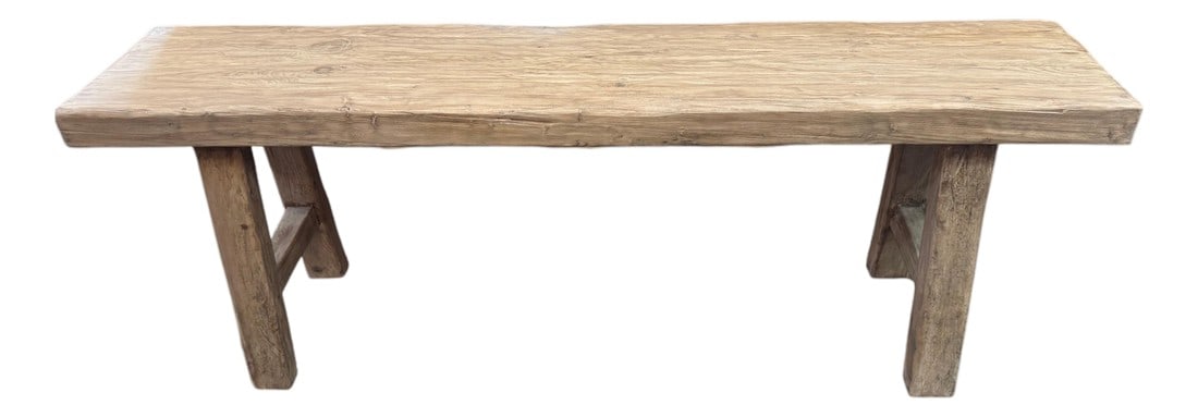 Adoorne Bench: Made of asian hardwood, this bench features a deeply textured, weathered finish that emphasizes the wood's rugged grain while maintaining a smooth finish. Perfect for coastal, minimalist, or tradition