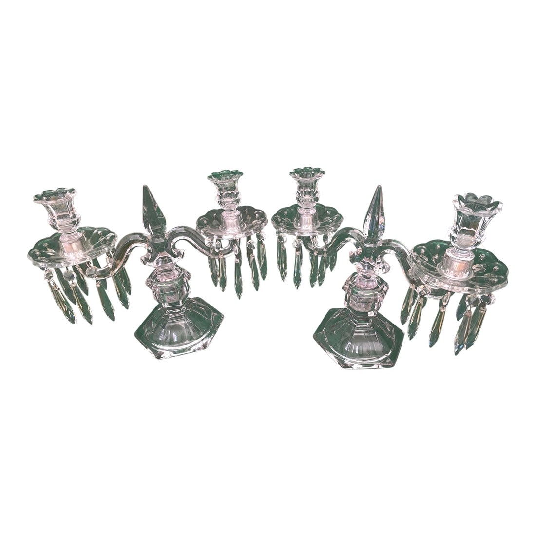 Vintage Pair of Heisey Old Williamsburg Candelabras #301 Two-Light With Prisms: This pair of Vintage Two-Light Candelabras with Prisms come from the Old Williamsburg Candlelabras & Epergne by the USA-based Heisey Glass Company. This pair is specifically design #301. Each has 20