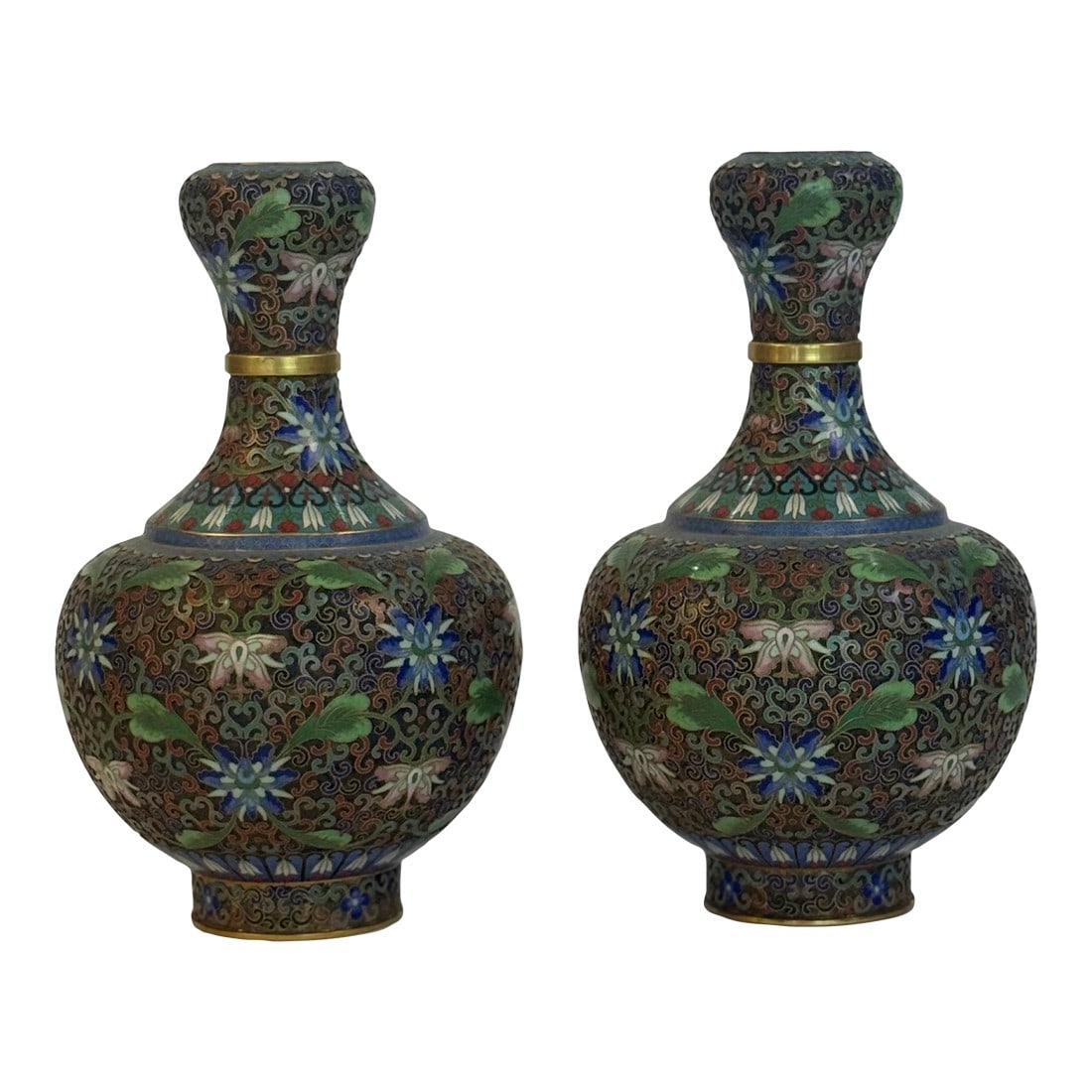 Cloisonne Vase Pair Featuring Lotus Flowers: Cloisonne is an ancient metal working technique. The process involves creating raised compartments9cloisons) on a metal base, typically copper or bronze, using wires or strips. These compartments are