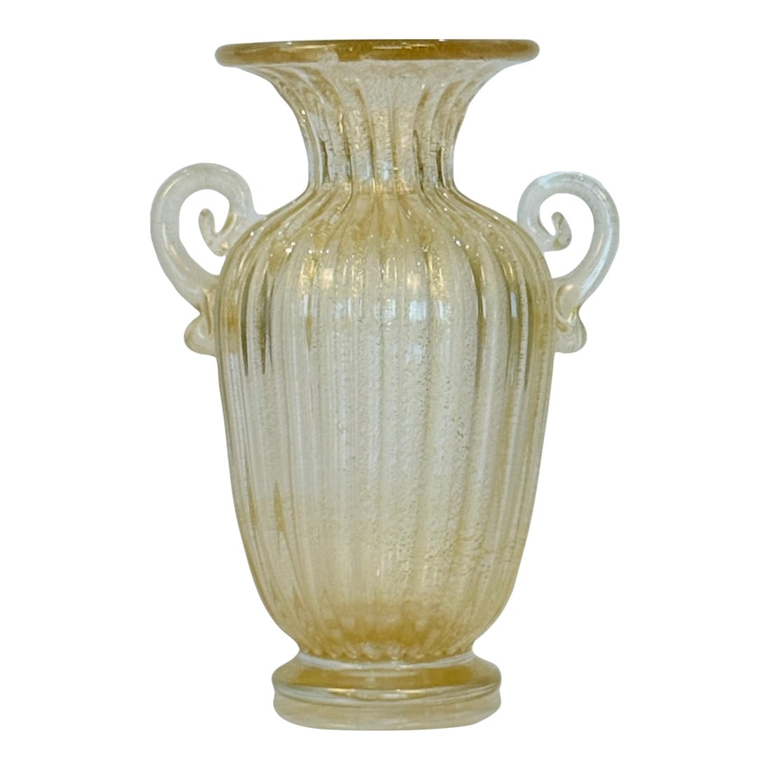 Alberto Dona 24k Gold Flecked Murano Vase: This Murano vase was made by master glassmaker Alberto Dona. Handblown in Murano, Italy The vase is infused with delicate flecks of 24k gold suspended with enriched, translucent glass - creating a