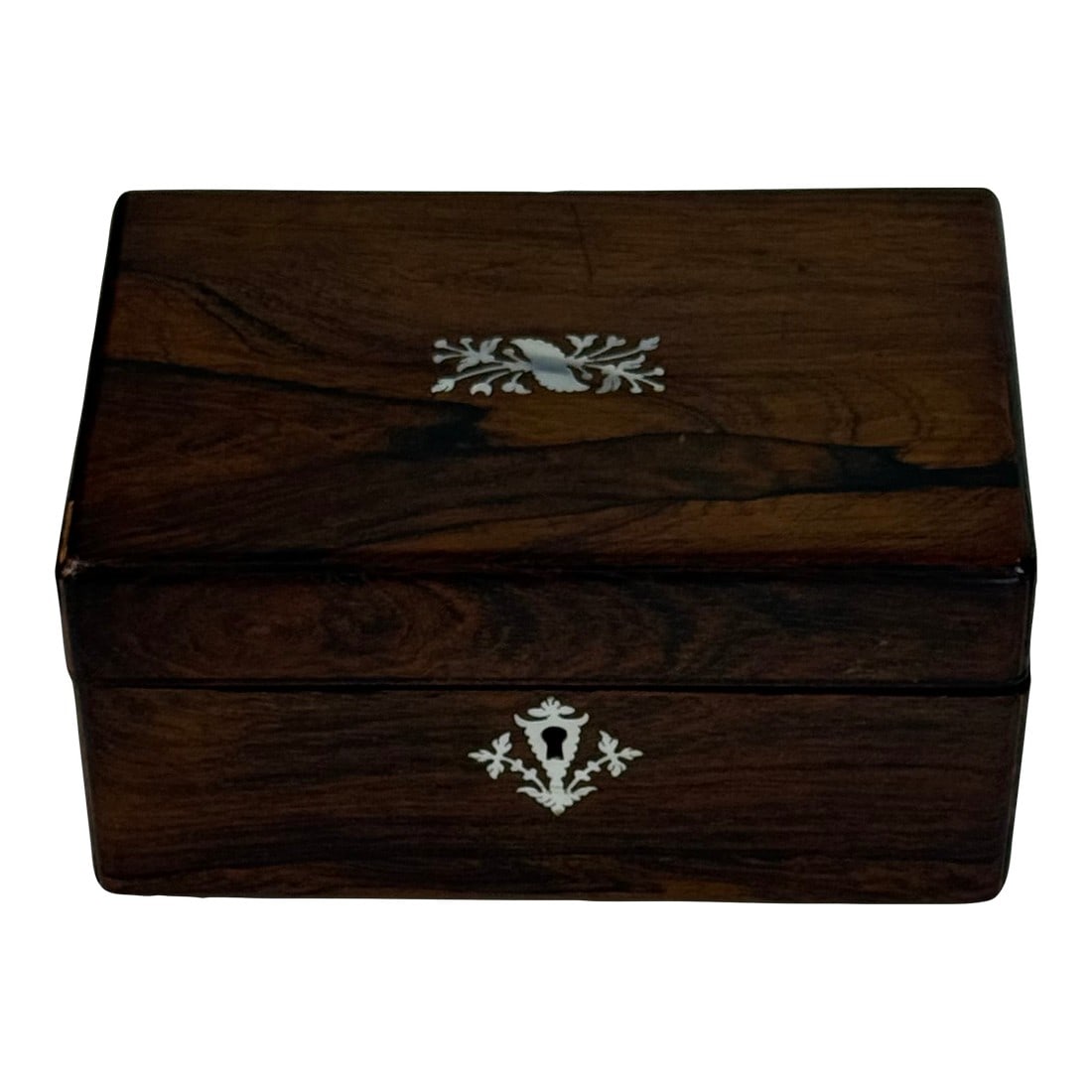 Rosewood Box With Delicate Mother of Pearl Detail With Key: French 19th Century Box made of exotic rosewood The top and the keyhole of the petite trunk is inlaid with Mother of Pearl. This box most likely served as a container for precious items such as