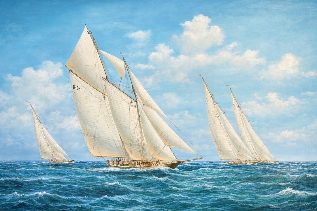Yacht Sailing Schooners at Sea Original Painting – By Matt Thomas (24" X 36"), Unstretched: Original oil on canvas by Matt Thomas. Vibrant maritime painting depicting a classic yacht regatta with elegant schooners racing across rolling blue waves under a bright, cloud-filled sky. This