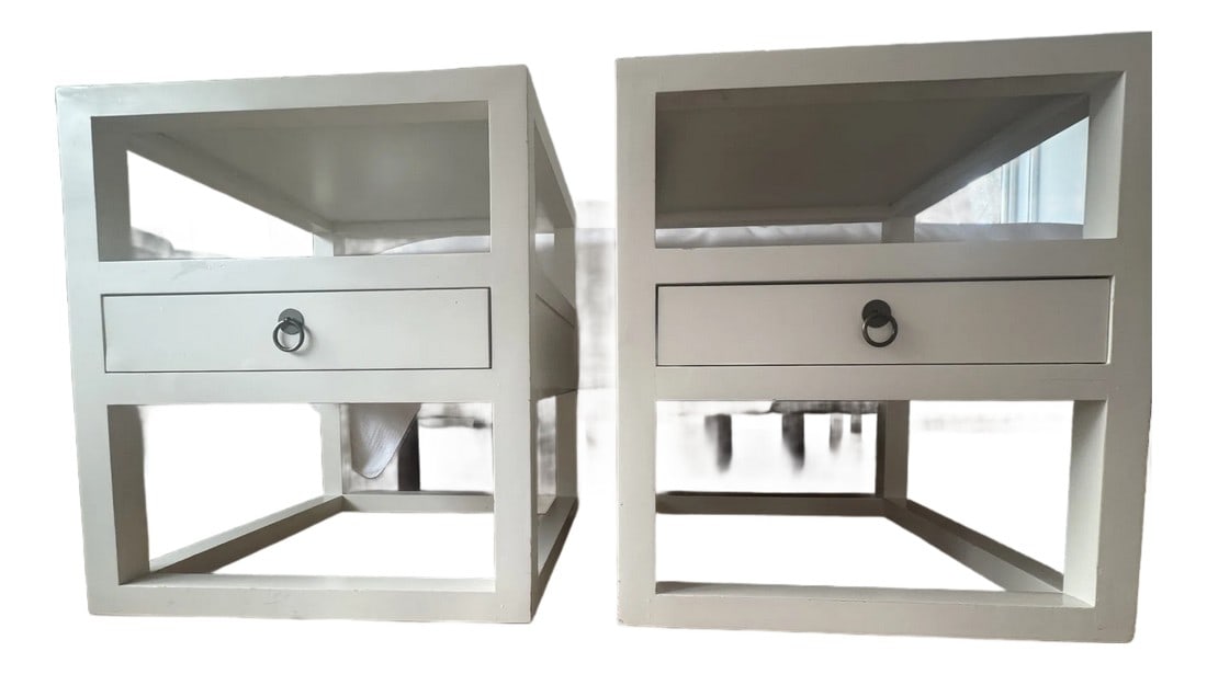 Pair of Nightstands: Pair of nightstands with shelf and drawer attributed to Bungalow 5. Textured, grasscloth-like top and shelf. Bronze hardware. Condition: Alterations: Original Condition Unaltered Imperfections: Some