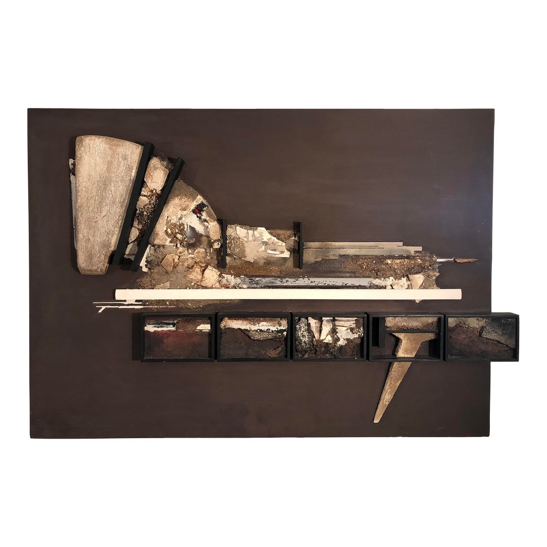 1957 Robert Mallary Assemblage: This "Untitled" (Assemblage), 1957 by Robert Mallary (1917-1997) comes from Mallary's series of New Mexico Reliefs. Mallary arranged found objects which he covered with polyester resins to create