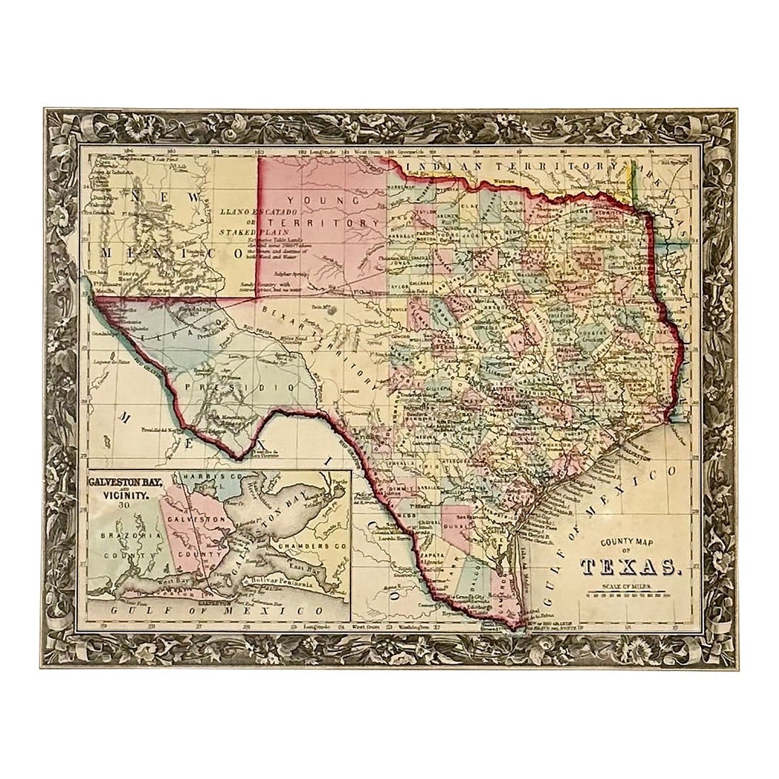 Texas With Galveston Bay, Original Map by Mitchell, Circa 1867: A beautifully detailed steel engraving of Texas, published by Samuel Augustus Mitchell Jr. in Philadelphia from "New General Atlas". The map includes an inset of Galveston Bay and vicinity,